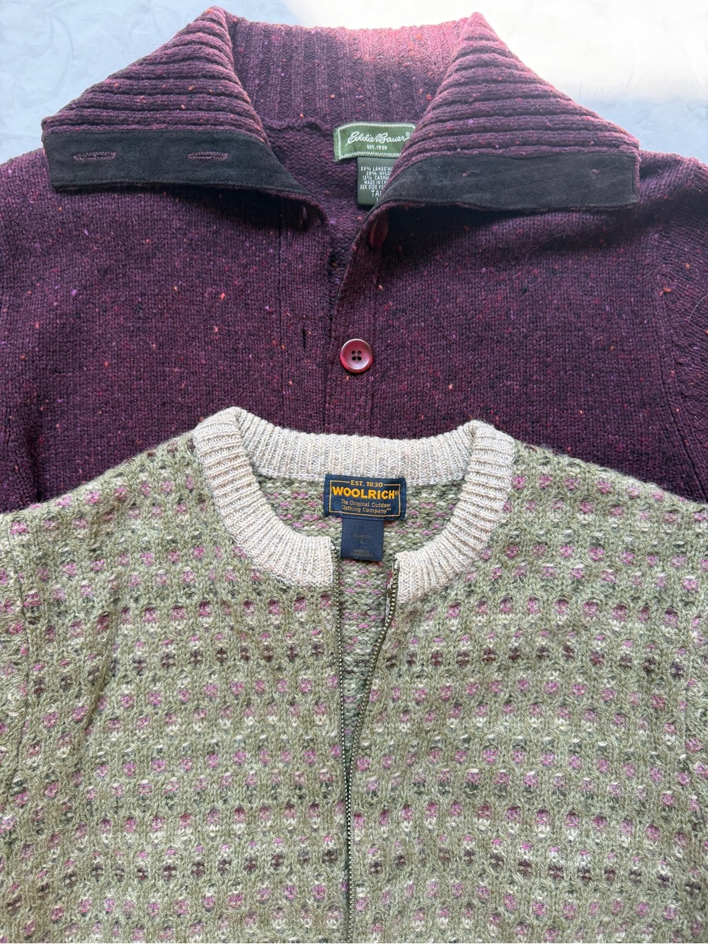 Women’s Wool Cardigan Green Purple Sweater Bundle Woolrich Eddie Bauer Sz L